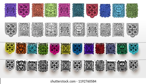 Mexican set of bunting for Day of the Dead. Hand drawn. For your design horizontal web banner. Vector illustration. Isolated on white background.