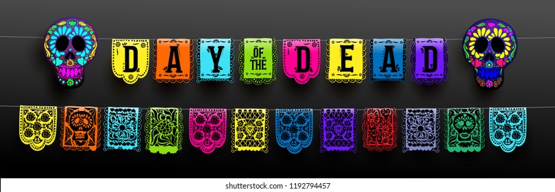 Mexican set of bunting for Day of the Dead. Dia de los Muertos. Hand drawing. For your design horizontal web banner. Vector illustration. Isolated on black background.