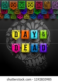 Mexican set of bunting for Day of the Dead. Dia de los Muertos. Hand drawing. For your design vertical web banner. Vector illustration. Isolated on black background.