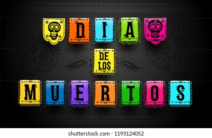 Mexican set of bunting for Day of the Dead. Dia de los Muertos. Hand drawing. For your design horizontal web banner, poster. Vector illustration. Isolated on black background.