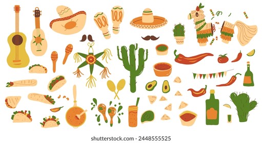 Conjunto mexicano. Elementos de colección del Cinco de Mayo. Pinata dibujada a mano, herramientas musicales, cocina tradicional. Fiestas y tradiciones mexicanas. Ilustración de garabato de Vector aislado sobre fondo blanco.