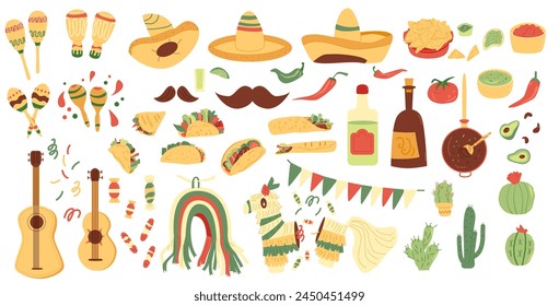 Mexican set. Cinco de Mayo collection elements. Hand drawn pinata, musical tools, food and cactus. Mexican festivals and traditions. Vector flat illustration isolated on white background.