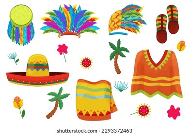 Mexican set, clothing with ornaments, masks with feathers tribes, patterns, abstract flowers, cliparts, vector