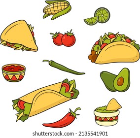 A Mexican set of dishes with a traditional spicy dish. Delicious Mexican menu, hot food and an illustration of tacos, burritos, guacamole, salsa. Cartoon vector elements handmade.