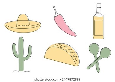 Mexican set drawn in one continuous line in color. One line drawing, minimalism. Vector illustration.