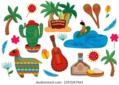 Mexican set, entertainment, beach, surfing, decorated cactus, guitar, tequila, lemon, salt, toy, maracas, abstract plants, cliparts, vector