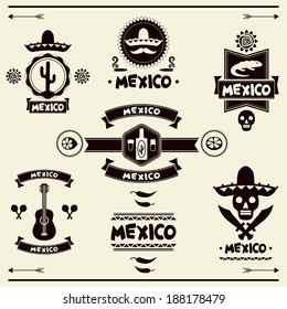 Mexican set of labels and stickers with icons.