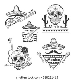 Mexican set of labels and stickers with icons- guitar, sombrero, tequila, taco, skull, aztec mask, music instruments. Isolated national elements made in vector.