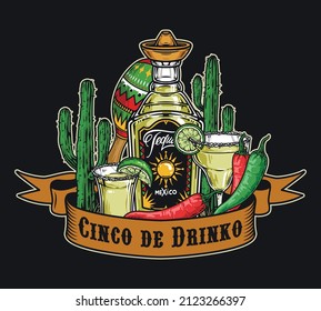 Mexican set of maraca, cactus, green and red chili peppers, tequila bottle and drinks with Cinco de drinko inscription on ribbon,vector illustration