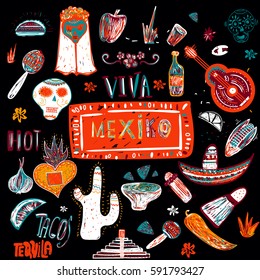 Mexican set in native colorful style with guitar, tacos, sombrero,skull for national cuisine menu, banners, invitation