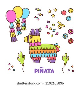 Mexican set with Pinata donkey - paper toy, and other decorations for a holiday, on a white background. It can be used for sticker, patch, phone case, poster, t-shirt, mug and other design.