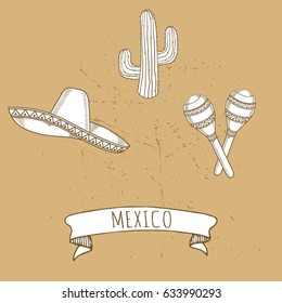 Mexican set sketch vector illustration isolated on background. sombrero, rumba shakers, cactus