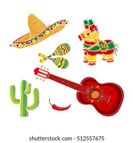 Mexican set - sombrero, pinata, maraca, tequila cactus, chili and spanish guitar, vector illustration isolated on white background. Mexican sombrero, rumba shakers, ornamented pinata, cactus