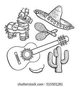 Mexican set    sombrero  pinata  maraca  tequila cactus  chili spanish guitar  black white sketch vector illustration isolated background  Mexican sombrero  rumba shakers  ornamented pinata  cactus