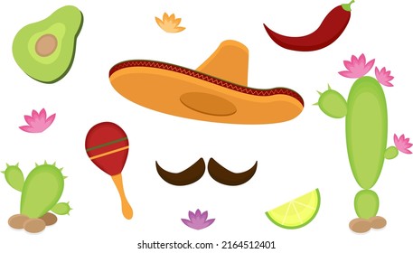 Mexican set of vector icons. Sombrero, mustache, chili, maracas, lime, avocado, cacti, flowers.