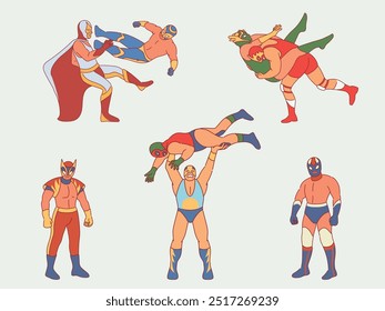 Lutadores mexicanos. Lucha libre lutadores em trajes coloridos, homens em máscaras e trajes coloridos, personagens de desenhos animados em estilo plano em poses dinâmicas, luchadores, show de entretenimento, conjunto vetorial