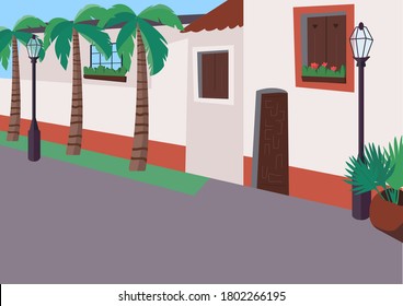 Mexican sidewalk flat color vector illustration. Street with palm trees. Empty daytime traffic road. Resort boulevard for recreation. Mexico 2D cartoon cityscape with building exteriors on background