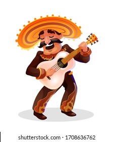 Cantante mexicano con guitarra blanca, ropa tradicional y sombrero. Caricatura vectorial aislada en blanco