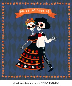 Pareja de esqueletos mexicanos con trajes tradicionales. Diseño de dibujos animados planos vectoriales. Ilustración de Dia de los muertos.