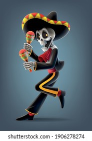 mexican skeleton dancing cartoon illustration