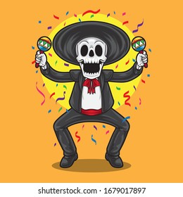 Mexican skeleton dancing in a cinco de mayo party with maracas