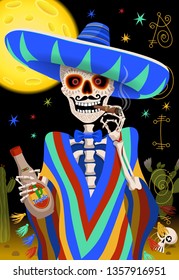 Mexican skeleton. Day of the dead holiday. Mexican man illustration.