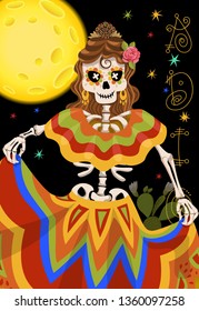 Mexican skeleton. Day of the dead holiday. Mexican woman illustration.
