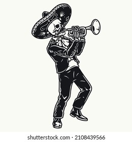 Mexican skeleton musician in charro outfit and sombrero playing trumpet in monochrome vintage style, vector illustration