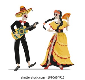 Ein mexikanisches Skelett eines Musikers mit Gitarre und Tänzer in einem Kleid . Designelemente auf weißem Hintergrund für Layouts und Postkarten. Vektorgrafik im Cartoon-Stil.