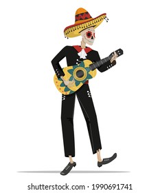 A Mexican skeleton of a musician with a guitar in a national costume and a full-length sombrero. Design elements on a white background for layouts and postcards. Vector illustration in cartoon style.