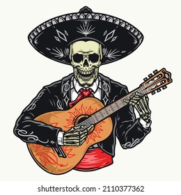 Mexican skeleton musician in sombrero and charro outfit playing painted guitar against isolated background, vector illustration