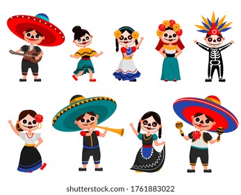 Mexican skeleton party set. Isolated Mexican people cartoon characters in spooky traditional costumes dancing, playing music, celebrating day of the dead holiday. Skeleton party celebration tradition