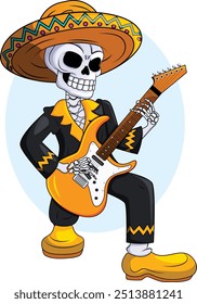 Esqueleto mexicano tocando guitarra eléctrica en sombrero - Ilustración vectorial de estilo de arte Pop 