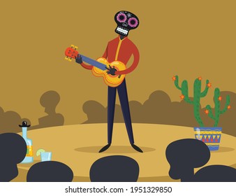 Mexican skeleton playing guitar on stage. Cactus, decoration, drink flat vector illustration. Day of dead festival and celebration concept for banner, website design or landing web page