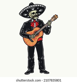 Mexican skeleton singer with mustache wearing black traditional suit playing guitar against isolated background, vector illustration