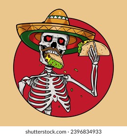 Esqueleto mexicano con diseño de camisetas y taco sombrío