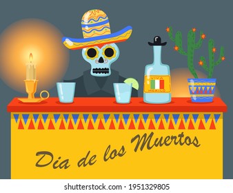 Mexican skeleton in sombrero drinking tequila. Glass, alcohol, beverage flat vector illustration. Day of dead festival and celebration concept for banner, website design or landing web page