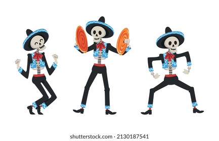 Mexican Skeleton in Sombrero Hat Playing Musical Instrument and Dancing Vector Set