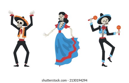 Mexican Skeleton in Sombrero Hat Playing Musical Instrument and Dancing Vector Set