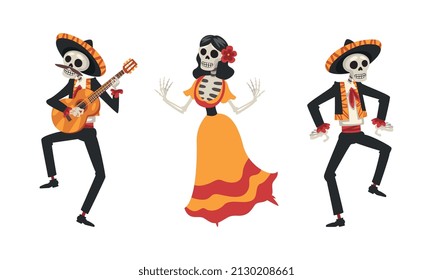 Mexican Skeleton in Sombrero Hat Playing Musical Instrument and Dancing Vector Set