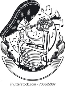 mexican skeleton with sombrero playing the trumpet