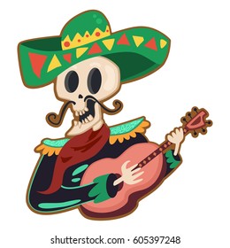 Mexican skeleton in traditional clothes in sombrero and with a guitar. Vector cartoon illustration isolated on white background.