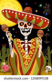 Mexican skeleton vector. Day of the dead holiday. Mexican man illustration.