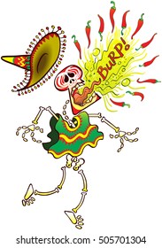 Mexican skeleton wearing a big hat and poncho while making a big effort to burp hot chili peppers in a loud and painful way