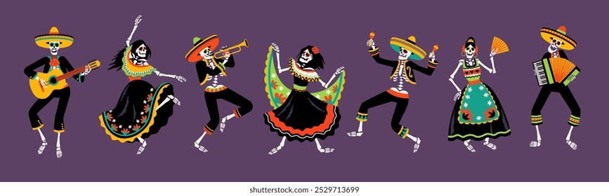 Mexican skeletons dance. Patterned sugar skulls in sombreros and bright traditional costumes and bright carnival dresses, dead day party, cartoon flat style isolated tidy vector set