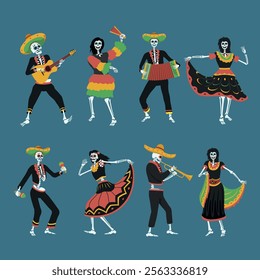 Mexican skeletons dance traditional Day of Dead holiday celebration set vector flat illustration. Mexico Halloween Chico de Mayo Dia de los Muertos carnival male and female festival dancing