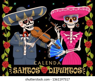 Mexican skeletons. Day of the dead holiday. Mexican people illustration. Santos difuntos  is deceased saints in Spanish October party