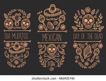 Mexican sketch doodle collection, vector hand drawn mexican label elements. Mexican Skull, sugar skull, sombrero, chili, cactus, lime, lemon, moustaches, bones. Native mexican traditional attributes.