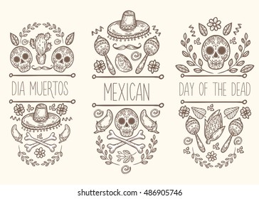 Mexican sketch doodle collection, vector hand drawn mexican label elements. Mexican Skull, sugar skull, sombrero, chili, cactus, lime, lemon, moustaches, bones. Native mexican traditional attributes.