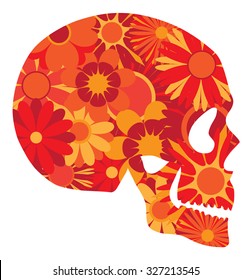 Mexican Skull Art for Halloween and Dia de Los Muertos Side Portrait Floral Pattern Isolated on White Background Color Vector Illustration